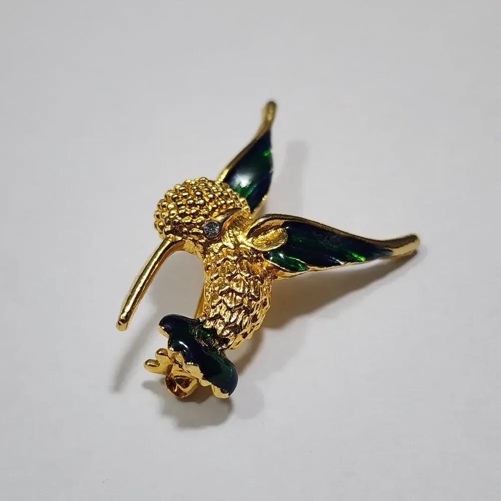 Hummingbird Brooch Pin Gold Tone Blue Green Enamel Rhinestone Eye Vintage
